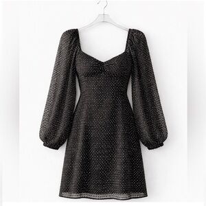 Anthro Du Paradis Black Textured Mini Dress Sheer Puff Sleeve Size L